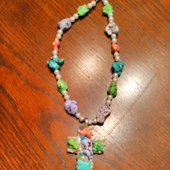 Beautiful multi colored stone and bead with cross necklace - Picture 1 of 3